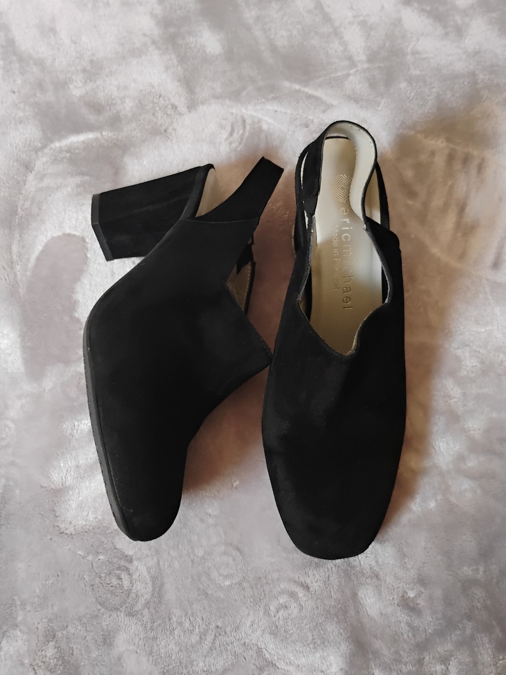 Eric Michael Black Suede Slingback Mules Block Heel Made in Portugal EU 39 US 8